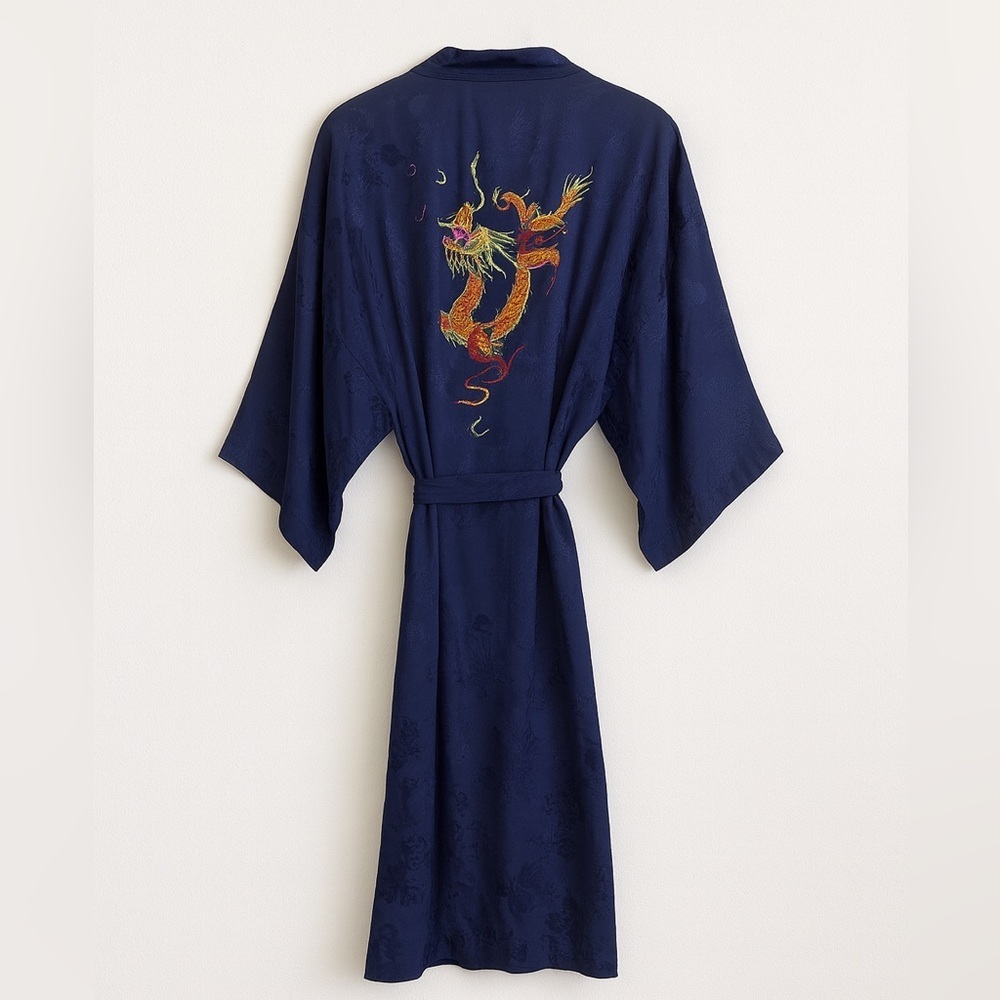 Vintage Golden Bee Silk Blue Rayon Embroidered Dragon Kimono Robe Women’s XL
